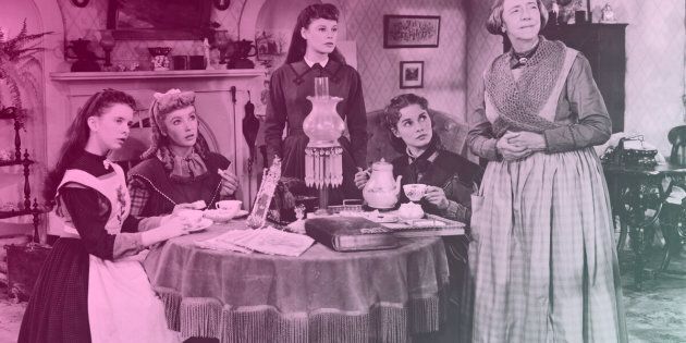 Actresses (left to right) Margaret O'Brien, Elizabeth Taylor, June Allyson, Janet Leigh and Lucile Watson in character as the March women drinking tea on the set of a film adaptation of Louisa May Alcott's