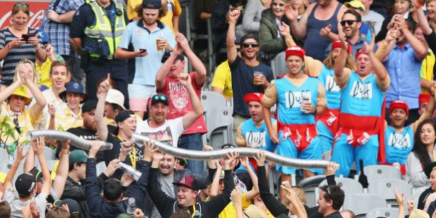 MELBOURNE, AUSTRALIA - DECEMBER 26: Drinking cups are joined together by spectators during day one of the Second Test match between Australia and the West Indies at Melbourne Cricket Ground on December 26, 2015 in Melbourne, Australia. (Photo by Michael Dodge/Getty Images)