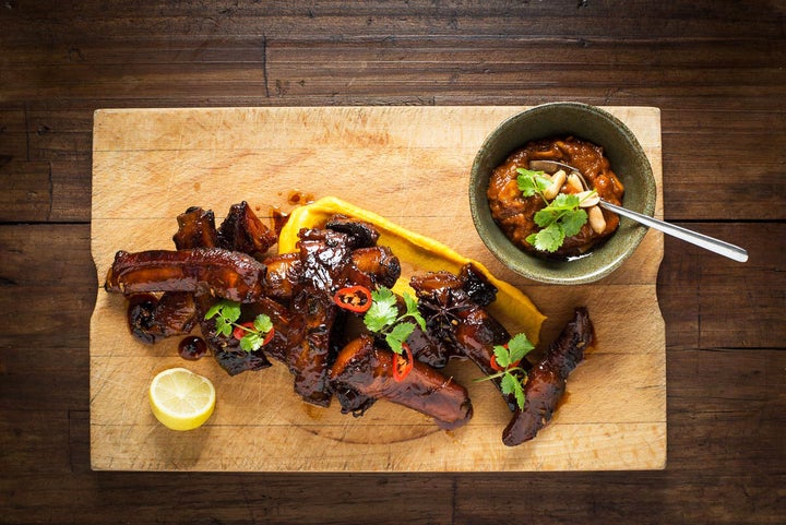 These ribs are delicious served with an Asian style coleslaw, sweet potato puree and a wedge of lime.