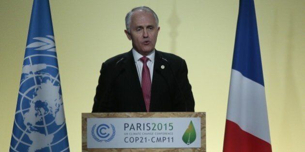 Australian Prime Minister Malcolm Turnbull delivers a speech during the COP21 United Nations conference on climate change in Le Bourget on the outskirts of the French capital Paris on November 30, 2015. More than 150 world leaders are meeting under heightened security, for the 21st Session of the Conference of the Parties to the United Nations Framework Convention on Climate Change (COP21/CMP11), also known as 'Paris 2015' from November 30 to December 11. AFP PHOTO / JACQUES DEMARTHON / AFP / JACQUES DEMARTHON (Photo credit should read JACQUES DEMARTHON/AFP/Getty Images)