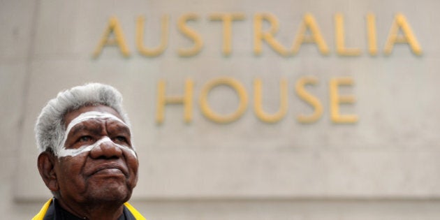 Djiniyini Gondarra, senior elder and Dhurili Clan leader of the traditional Yolngu peoples of Northeast Arnhem Land, poses for photographers after delivering a speech outside Australia House in London on May 13, 2011. In London on Friday, Gondarra announced the Global Call to Action for Aboriginal Rights, which is supported by former Australian prime minister Malcolm Fraser and other eminent Australians. On his way to the British capital, Gondarra met the UN High Commissioner for Human Rights Navi Pillay to discuss the ongoing Northern Territory Intervention, an indigenous policy by the Australian government which has been heavily criticised by United Nations. AFP PHOTO/BEN STANSALL (Photo credit should read BEN STANSALL/AFP/Getty Images)