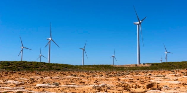 Portland Wind Farm wind turbines, Cape Bridgewater with Petrified Forest erosion in the foreground.