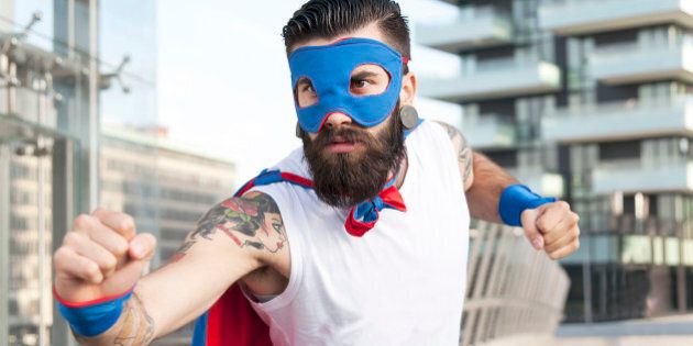 young hipster superhero fights evil