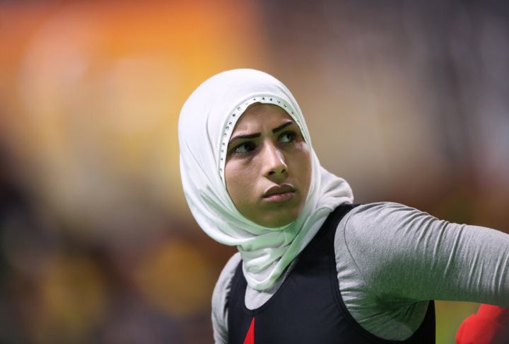 This is Nawal Ramadan of Egypt, a powerlifter competing at the Rio 2016 Paralympics.