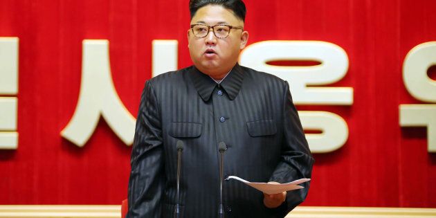This undated picture released from North Korea's official Korean Central News Agency (KCNA) on August 4, 2016 shows North Korean leader Kim Jong-Un delivering a speech at the 3rd Meeting of KPA Activists in O Jung Hup-led 7th Regiment Title Movement at the April 25 House of Culture in Pyongyang. / AFP / KCNA / KCNA (Photo credit should read KCNA/AFP/Getty Images)