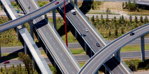 Aerial view of the Lighthorse Interchange, junction of the M7 and M4 motorways, Eastern Creek, Sydney, NSW, Australia.