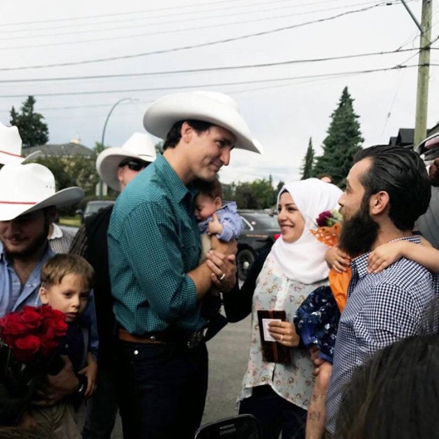 Prime Minister Justin Trudeau meets two-month-old Justin-Trudeau Adam Bilal in Calgary.