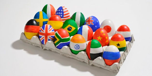 Tray of eggs with world flags painted on them