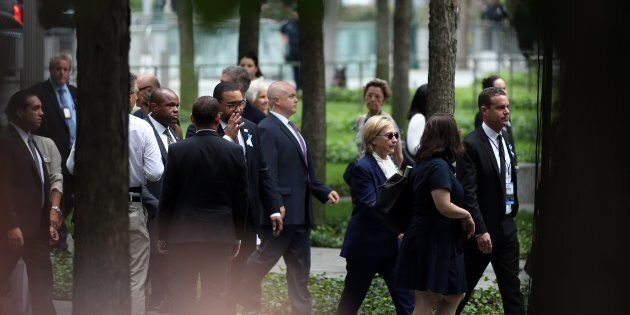 Republican presidential candidate Hillary Clinton arrives at the 15th anniversary of the 9/11 attacks in Ground Zero, Manhattan, New York, United States on Sept. 11.