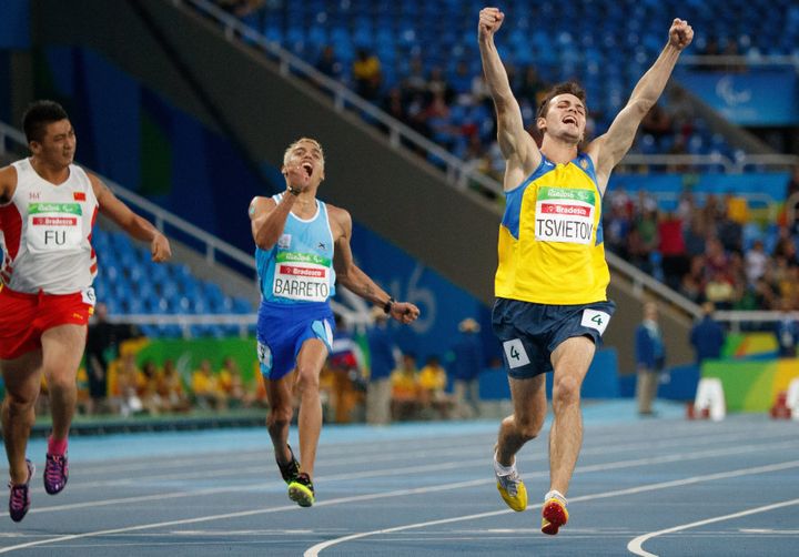 Ukraine's Ihor Tsvietov celebrates being awesomer than everyone else in the men's 100-meter T35 final in Rio.