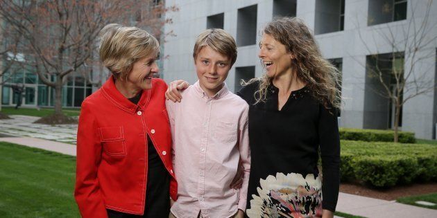 Eddie Blewett with his mums Neroli Dickson and Claire Blewett. Eddie 13 years has written to the Prime Minister Malcolm Turnbull after he was referenced in question time in a question to the Prime Minister on marriage equality at Parliament House in Canberra on Tuesday 13 September 2016. Photo: Andrew Meares