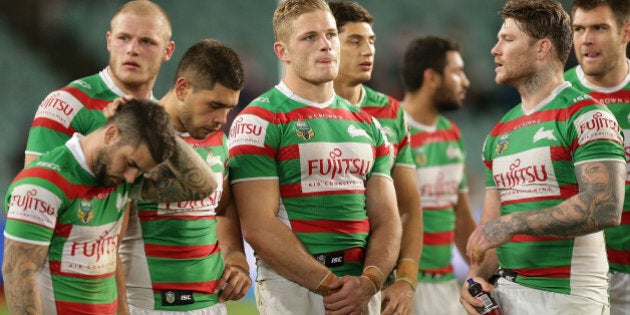 SYDNEY, AUSTRALIA - SEPTEMBER 04: Rabbitohs players look dejected after defeat in the round 26 NRL match between the Sydney Roosters and the South Sydney Rabbitohs at Allianz Stadium on September 4, 2015 in Sydney, Australia. (Photo by Mark Metcalfe/Getty Images)