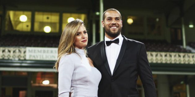 SYDNEY, AUSTRALIA - SEPTEMBER 22: Lance Franklin of the Swans and partner Jesinta Campbell arrive ahead of the Sydney Swans official Brownlow Medal function at Sydney Cricket Ground on September 22, 2014 in Sydney, Australia. (Photo by Ryan Pierse/Getty Images)