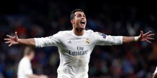 MADRID, SPAIN - APRIL 12: Cristiano Ronaldo of Real Madrid celebrates after scoring a goal during the UEFA Champions League's quarter final soccer match between Real Madrid and Wolfsburg at Santiago Bernabeu stadium in Madrid, Spain on April 12, 2016. (Photo by Burak Akbulut/Anadolu Agency/Getty Images)