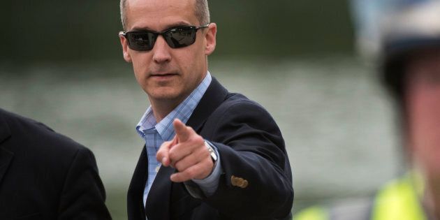 UNITED STATES - MAY 29 - Corey Lewandowski, campaign manager for Republican presidential candidate Donald Trump, points as his name is called out on the National Mall during the Rolling Thunder Inc. XXIX 'Freedom Ride,' on Sunday, May 29, 2016 in Washington. The annual bike ride which occurs over Memorial Day weekend, honors U.S. prisoners of war and missing-in-action troops, as well as raises awareness about veterans issues. (Photo By Al Drago/CQ Roll Call)