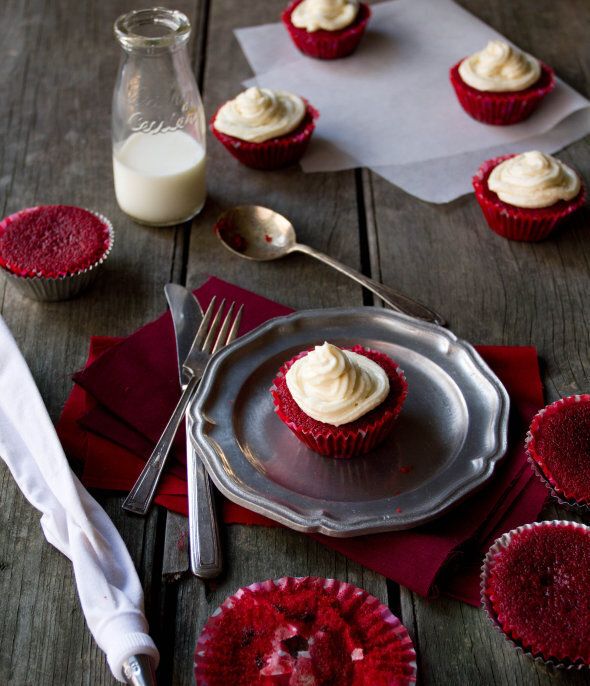 Chocolatey red velvet cupcakes with cream cheese frosting. Drool.