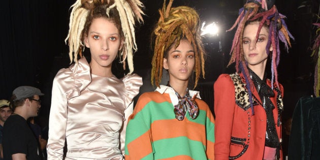 Models pose backstage at the Marc Jacobs SS17 fashion show during New York Fashion Week at Hammerstein Ballroom on September 15, 2016 in New York City.