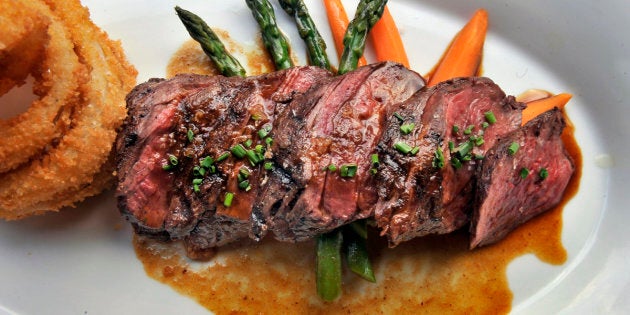 WASHINGTON, DC JUNE 10:Grilled hanger steak with handmade onion rings, roasted vegetables and bordelaise sauce served at Senart's Oyster &Chop House on June 10, 2011 in Washington, DC.(Photo by Mark Gail/The Washington Post via Getty Images)