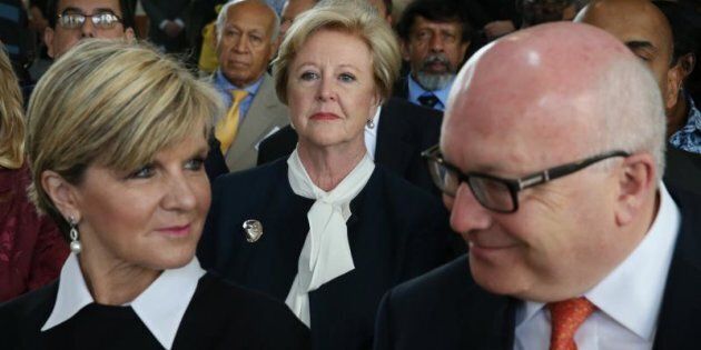 Foreign Affairs Minister Julie Bishop and Attorney-General George Brandis with Gillian Triggs at the 2015 launch of Australia's candidacy for the UN Human Rights Council.