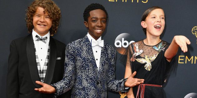 Gaten Matarazzo, Caleb McLaughlin and Millie Bobby Brown (left to right) attend the 68th Annual Primetime Emmy Awards in Los Angeles, California.