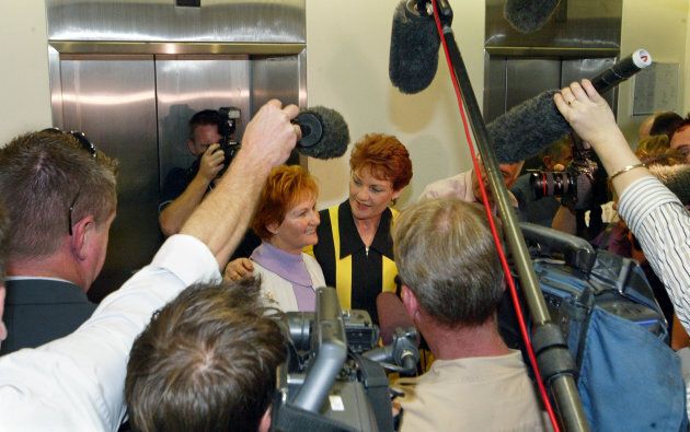 Pauline Hanson, with sister Judy Smith, announced her application for an independent Senate seat in Queensland in 2004