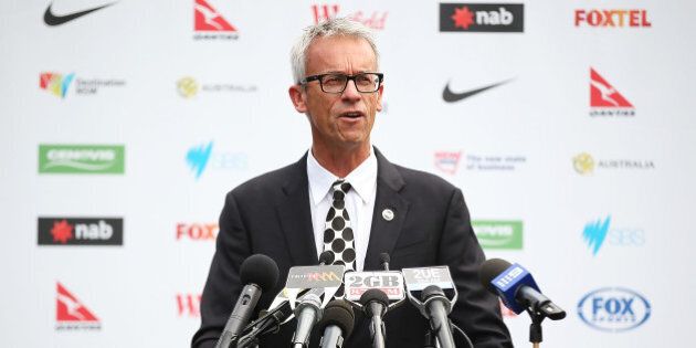 SYDNEY, AUSTRALIA - MARCH 03: FFA CEO, David Gallop addresses the media during a press conference to announce the Socceroos World Cup farewell match against South Africa to be held on 26 May at ANZ Stadium on March 3, 2014 in Sydney, Australia. (Photo by Brendon Thorne/Getty Images)