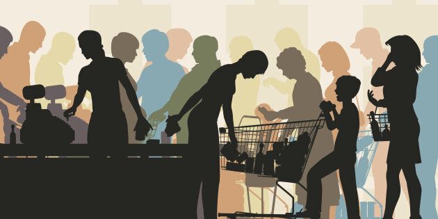 Editable vector colorful illustration of people in checkout queues in a busy supermarket