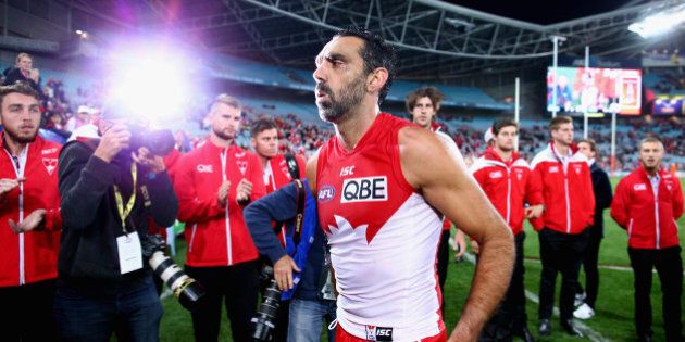 SYDNEY, AUSTRALIA - SEPTEMBER 19: Adam Goodes of the Swans walks from the ground after the First AFL Semi Final match between the Sydney Swans and the North Melbourne Kangaroos at ANZ Stadium on September 19, 2015 in Sydney, Australia. (Photo by Ryan Pierse/Getty Images)