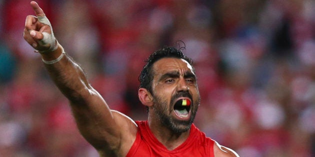 SYDNEY, AUSTRALIA - SEPTEMBER 19: Adam Goodes of the Swans reacts after missing a shot at goal during the First AFL Semi Final match between the Sydney Swans and the North Melbourne Kangaroos at ANZ Stadium on September 19, 2015 in Sydney, Australia. (Photo by Ryan Pierse/Getty Images)