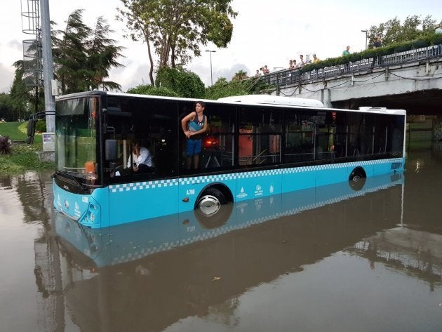 A public bus trapped on a flooded road in Istanbul.