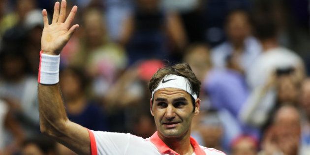 NEW YORK, NY - SEPTEMBER 11: Roger Federer of Switzerland celebrates after defeating Stan Wawrinka of Switzerland during their Men's Singles Semifinals match on Day Twelve of the 2015 US Open at the USTA Billie Jean King National Tennis Center on September 11, 2015 in the Flushing neighborhood of the Queens borough of New York City. Federer of defeated Wawrinka 6-4, 6-3, 6-1. (Photo by Matthew Stockman/Getty Images)