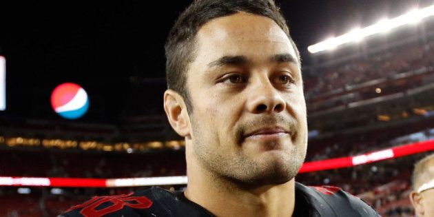 SANTA CLARA, CA - SEPTEMBER 14: Jarryd Hayne #38 of the San Francisco 49ers is interviewed as he walks off the field after the 49ers beat the Minnesota Vikings in their NFL game at Levi's Stadium on September 14, 2015 in Santa Clara, California. (Photo by Ezra Shaw/Getty Images)