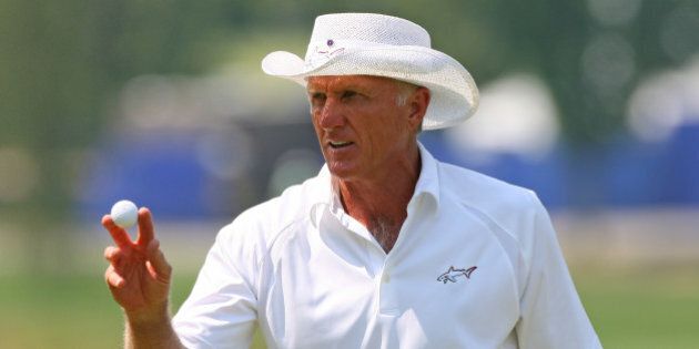 PITTSBURGH, PA - JUNE 29: Greg Norman of Australia acknowledges the crowd after finishing his round on the 18th hole during the second round of the Constellation SENIOR PLAYERS Championship at Fox Chapel Golf Club on June 29, 2012 in Pittsburgh, Pennsylvania. (Photo by Hunter Martin/Getty Images)