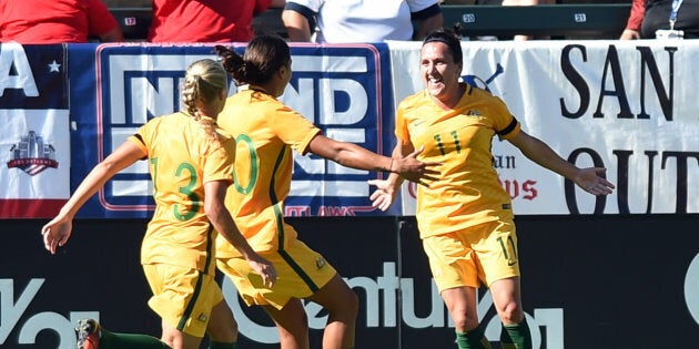 Lisa De Vanna (11) of Australia celebrates after scoring.