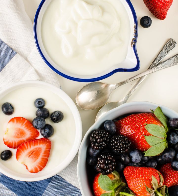 Greek yoghurt with fresh fruit. Simple and tasty.