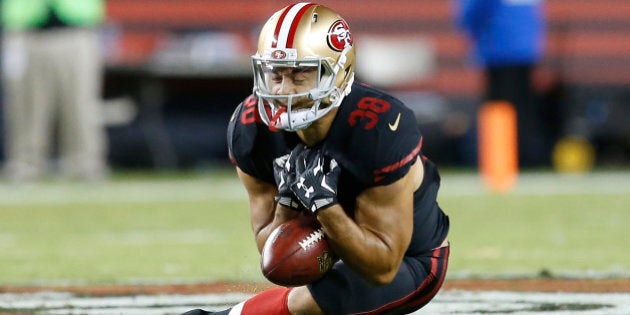 San Francisco 49ers' Jarryd Hayne (38) fumbles a punt that was recovered by the Minnesota Vikings during the first half of an NFL football game in Santa Clara, Calif., Monday, Sept. 14, 2015. (AP Photo/Tony Avelar)