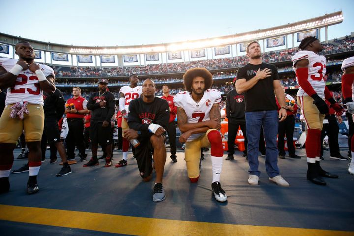 That's Kaepernick on the right on his original September 1 anthem protest, which he has since repeated often. Alongside him is teammate Eric Reid.