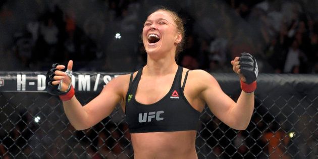 Ronda Rousey, celebrates after defeating Cat Zingano in a UFC 184 mixed martial arts bantamweight title bout, Saturday, Feb. 28, 2015, in Los Angeles. Rousey won after Zingano tapped out 14 seconds into the first round. (AP Photo/Mark J. Terrill)