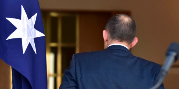 Outgoing Australian Prime Minister Tony Abbott walks away from the lectern after speaking at a press conference at Parliament House in Canberra, Australia, Tuesday, Sept. 15, 2015. Malcolm Turnbull will be sworn in as Australia's 29th prime minister on Tuesday after a surprise ballot of his conservative Liberal Party colleagues voted 54-to-44 on Monday night to replace Prime Minister Abbott only two years after he was elected. (AP Photo/Rob Griffith)