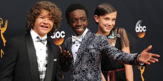 Gaten Matarazzo, Caleb McLaughlin and Millie Bobby Brown at the Emmy Awards on Sept. 18 in Los Angeles.