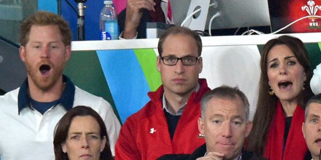 LONDON, UNITED KINGDOM - SEPTEMBER 26: Prince Harry, Prince William, Duke of Cambridge and Catherine; Duchess of Cambridge attend the England v Wales match during the Rugby World Cup 2015 on September 26, 2015 at Twickenham Stadium, London, United Kingdom. (Photo by Karwai Tang/WireImage)