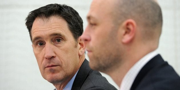 Cricket Australia CEO James Sutherland (L) and Australian Cricketers' Association CEO Alistair Nicholson attend a press conference in Melbourne on August 3, 2017.