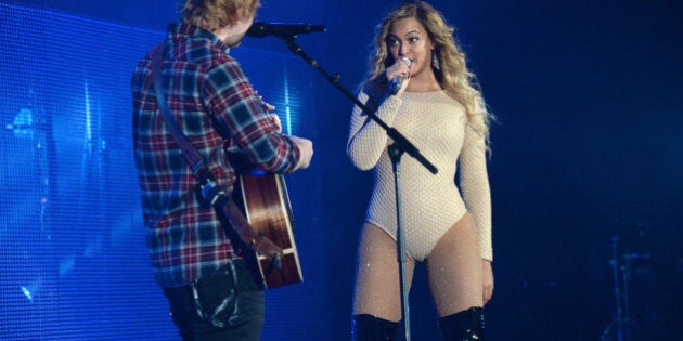 NEW YORK, NY - SEPTEMBER 26: Ed Sheeran and Beyonce perform onstage during 2015 Global Citizen Festival to end extreme poverty by 2030 in Central Park on September 26, 2015 in New York City. (Photo by Kevin Mazur/Getty Images for Global Citizen)