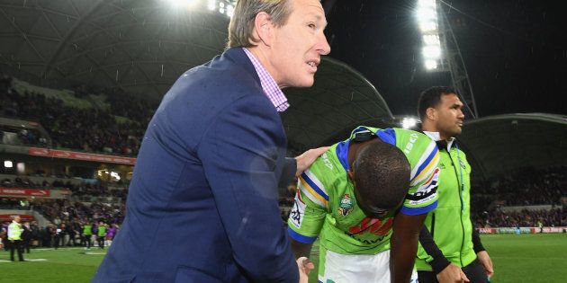 This is Peak Bellamy. Here. He consoles opposing player Edrick Lee, who dropped a crucial pass that could have cost his Canberra Raiders team victory.
