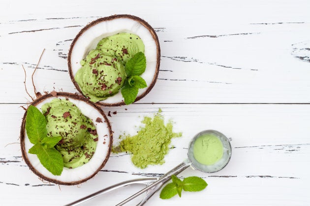 Blend frozen bananas with matcha powder for healthy matcha ice cream.