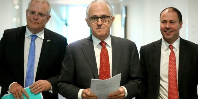 Treasurer Scott Morrison, Prime Minister Malcolm Turnbull and Minister for Environment and Energy Josh Frydenberg announcing changes to power companies