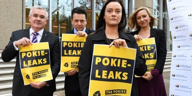 Wilkie, Xenophon, former pokie machine victim, Shonica Guy and Waters