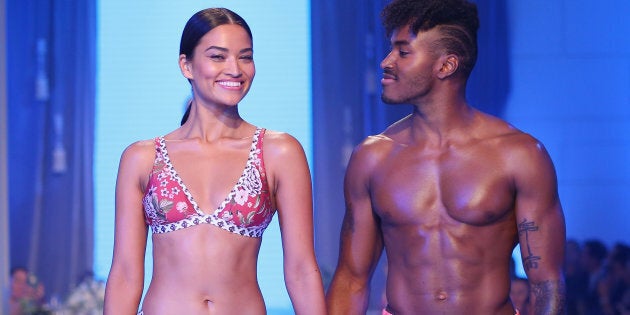 Shanina Shaik and partner DJ Ruckus showcase designs on the catwalk during the David Jones Spring Summer 2017 Collections Launch.