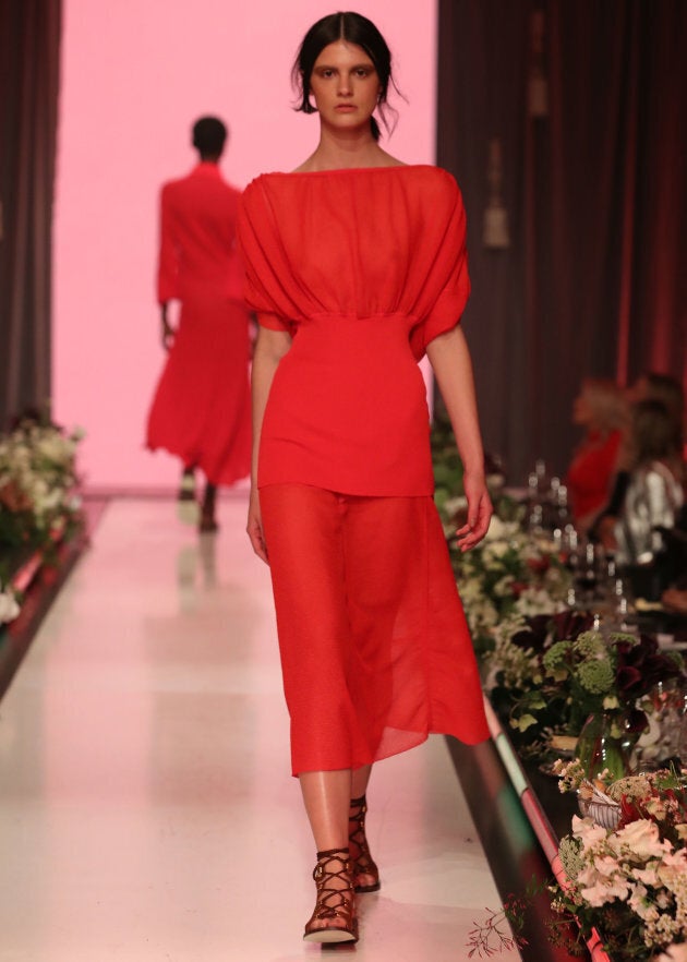 A model walks the runway in a design by Scanlan Theodore during the David Jones Spring Summer 2017 Collections Launch