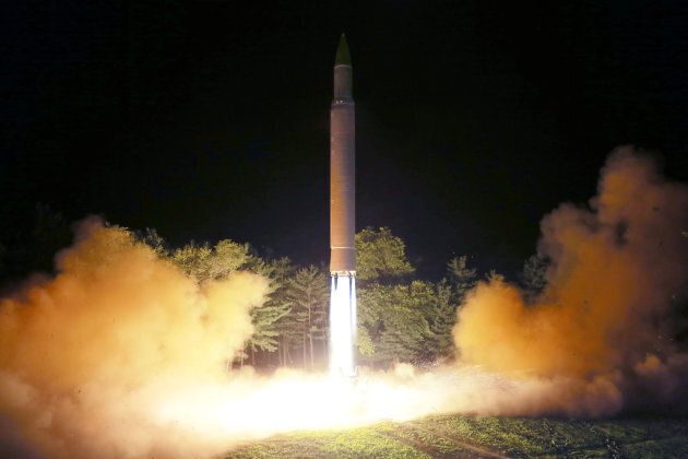 Intercontinental ballistic missile (ICBM) Hwasong-14 is pictured during its second test-fire in this undated picture provided by KCNA in Pyongyang on July 29, 2017.